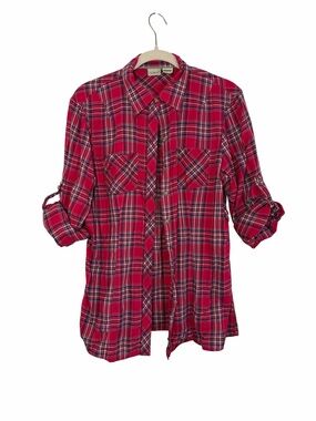 L.L.Bean Red Plaid Cotton Shirt Lagen Look Roll Tab Sleeve Size Small Pockets